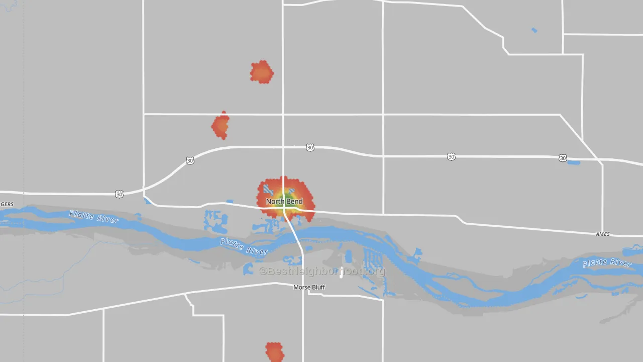 Walk Grade map of North Bend, NE, walkable areas in green and car-dependent areas in red