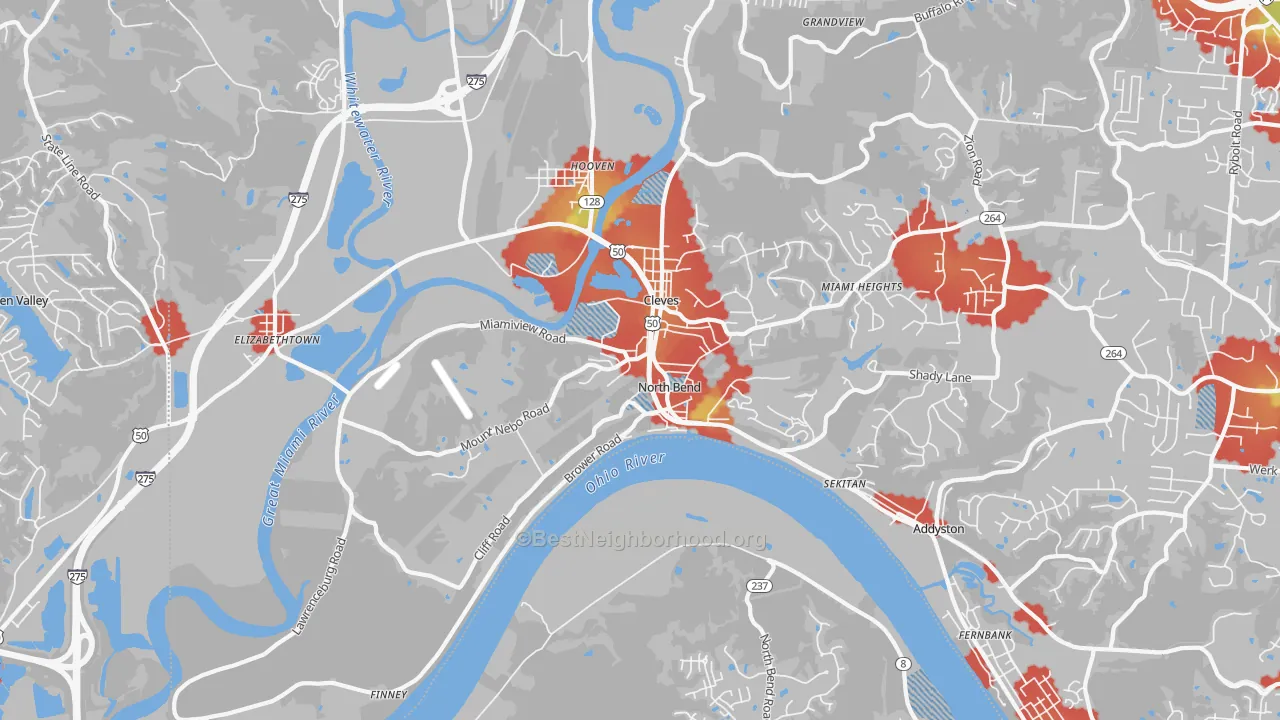 Walk Grade map of North Bend, OH, walkable areas in green and car-dependent areas in red