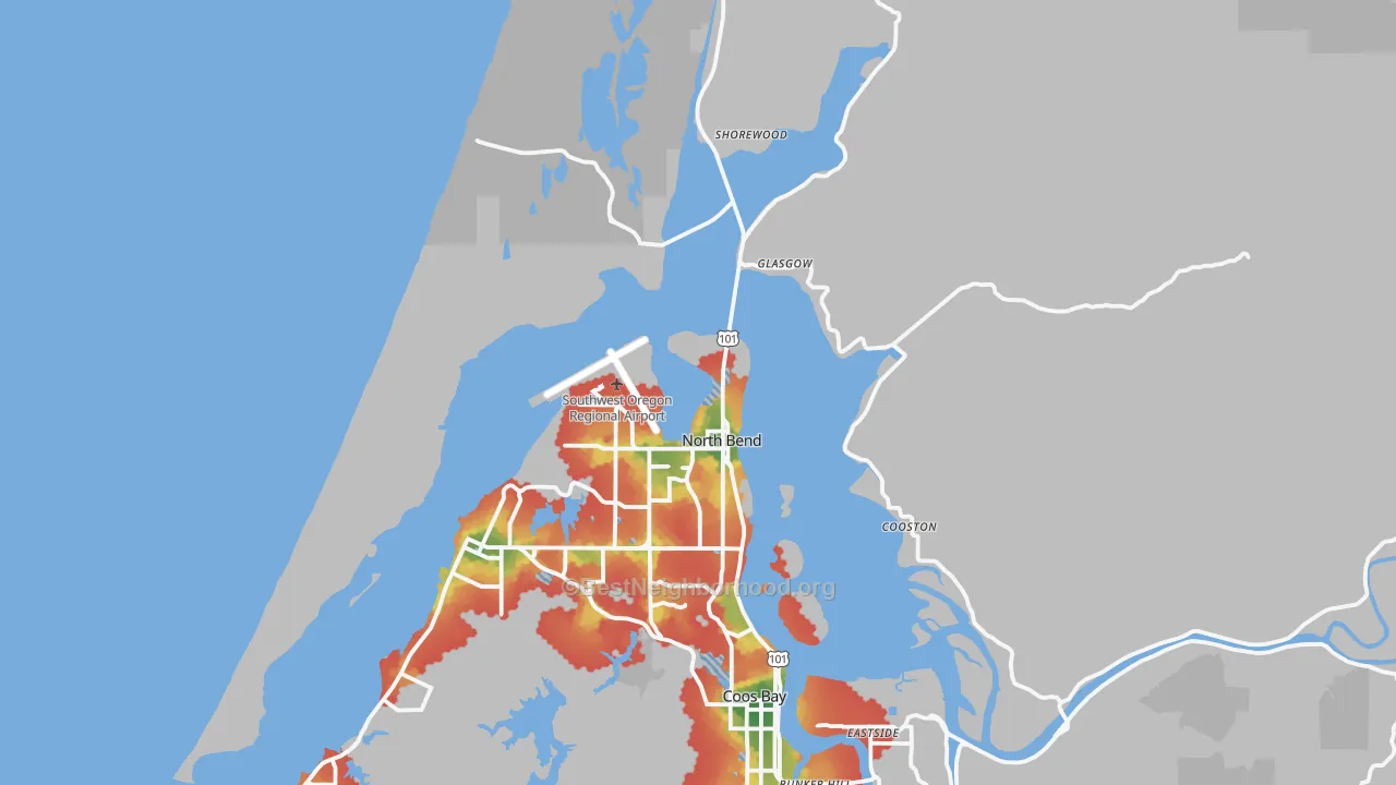 Walk Grade map of North Bend, OR, walkable areas in green and car-dependent areas in red