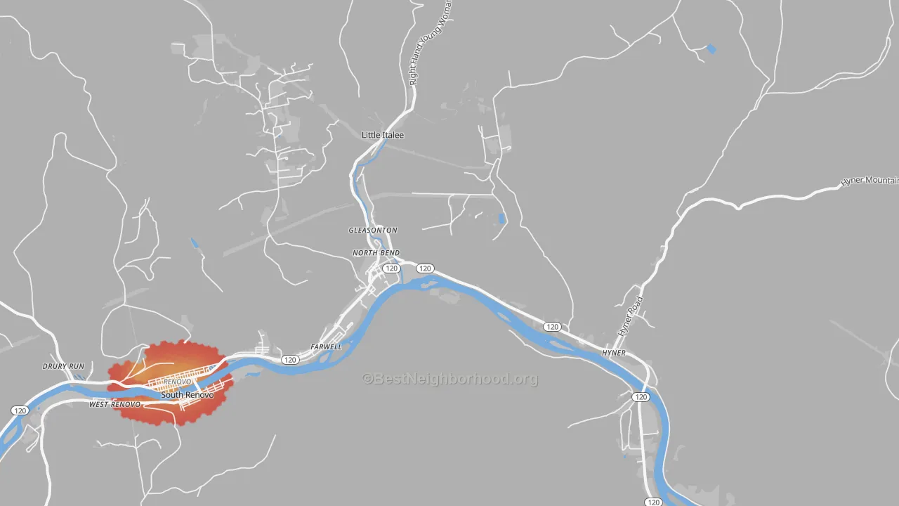 Walk Grade map of North Bend, PA, walkable areas in green and car-dependent areas in red