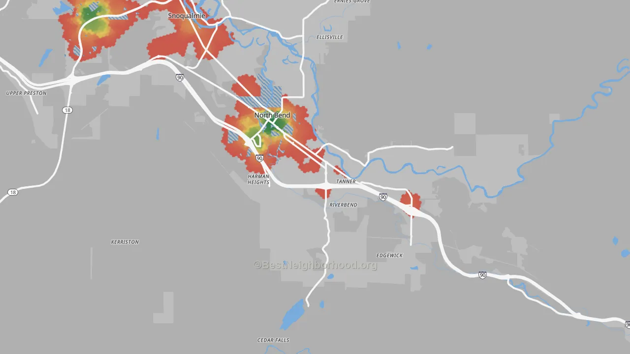 Walk Grade map of North Bend, WA, walkable areas in green and car-dependent areas in red
