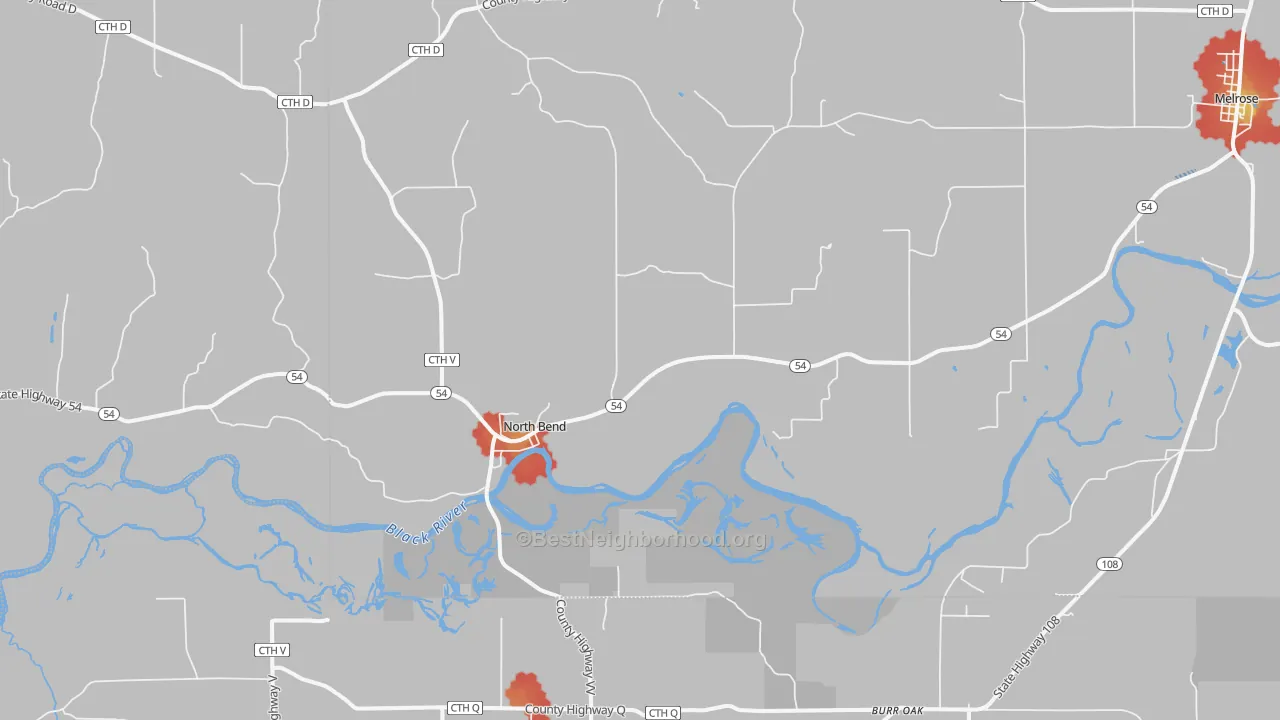 Walk Grade map of North Bend, WI, walkable areas in green and car-dependent areas in red