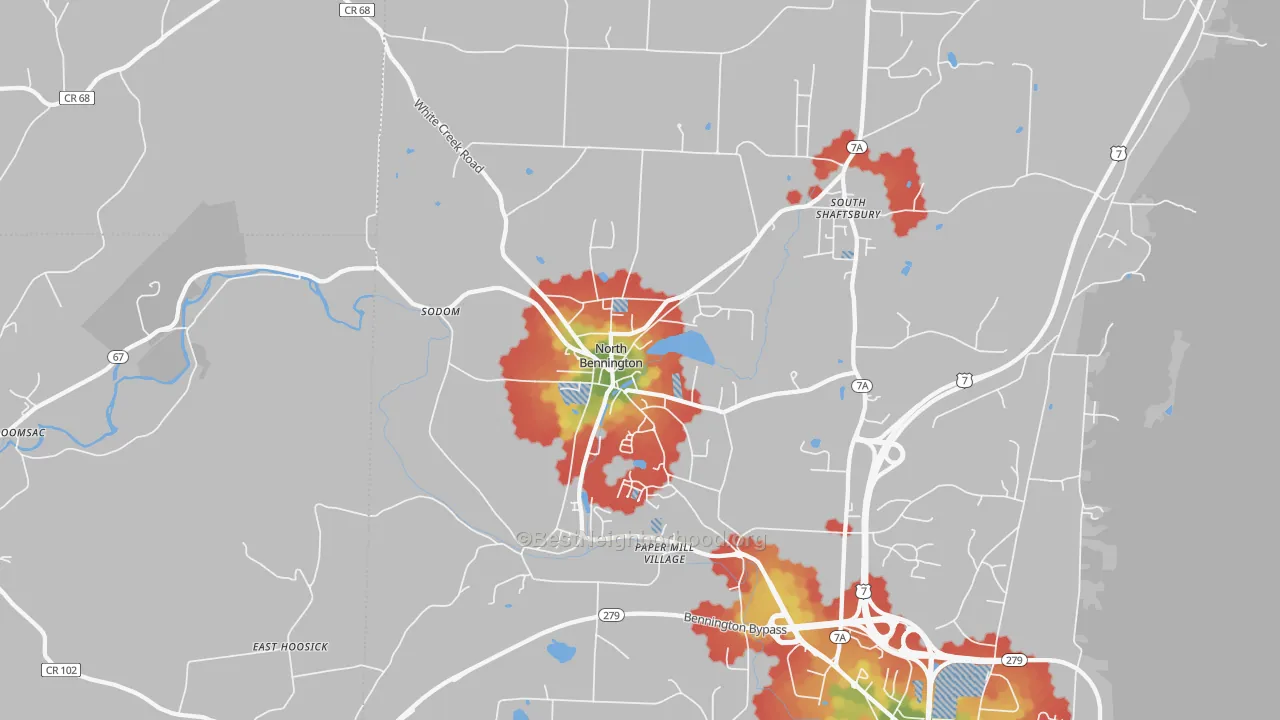 Walk Grade map of North Bennington, VT, walkable areas in green and car-dependent areas in red