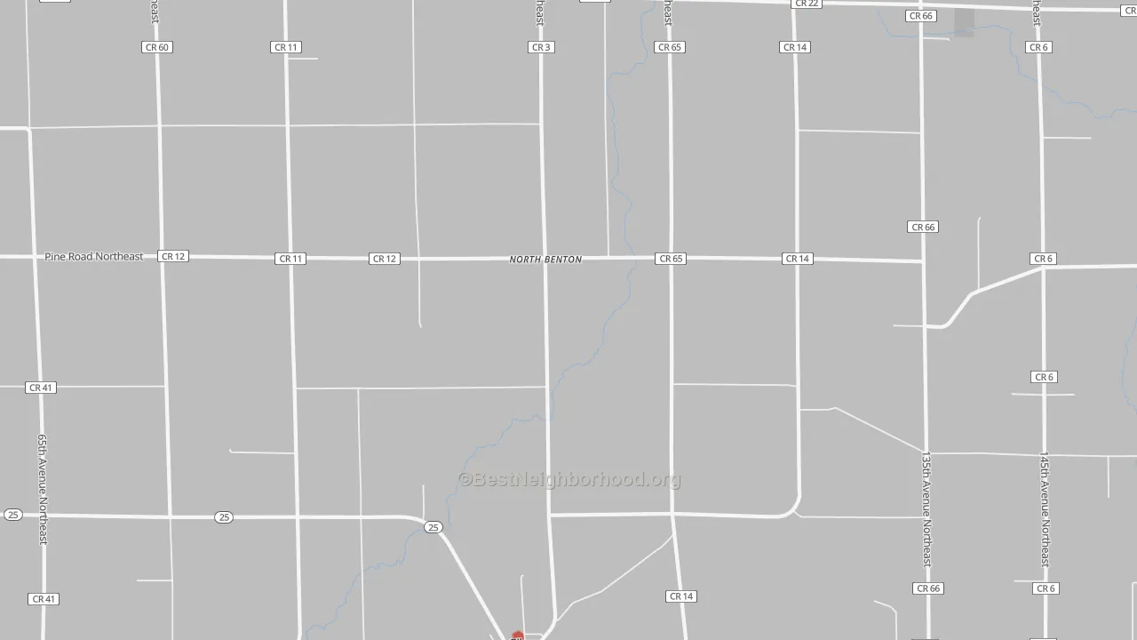 Walk Grade map of North Benton, MN, walkable areas in green and car-dependent areas in red