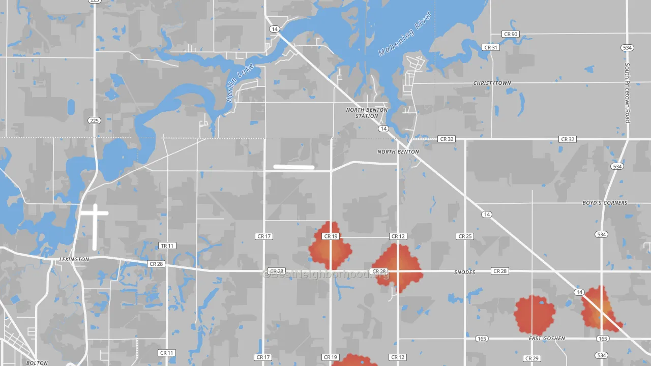 Walk Grade map of North Benton, OH, walkable areas in green and car-dependent areas in red