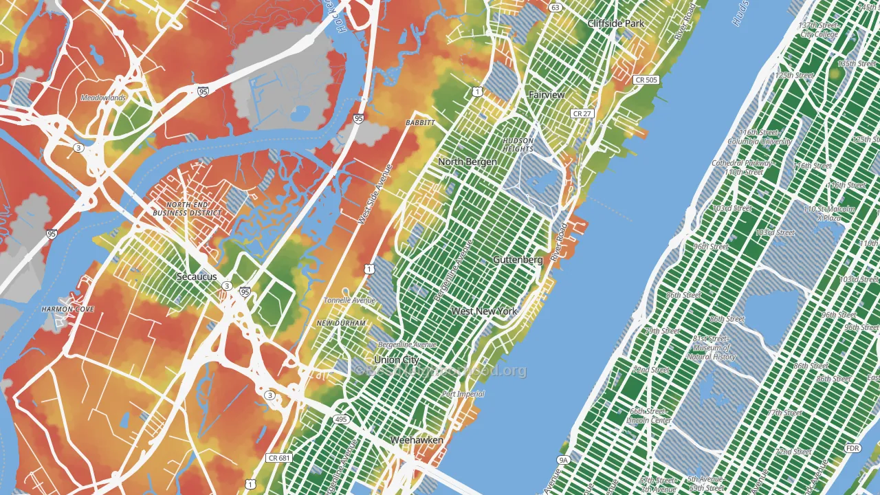 Walk Grade map of North Bergen, NJ, walkable areas in green and car-dependent areas in red