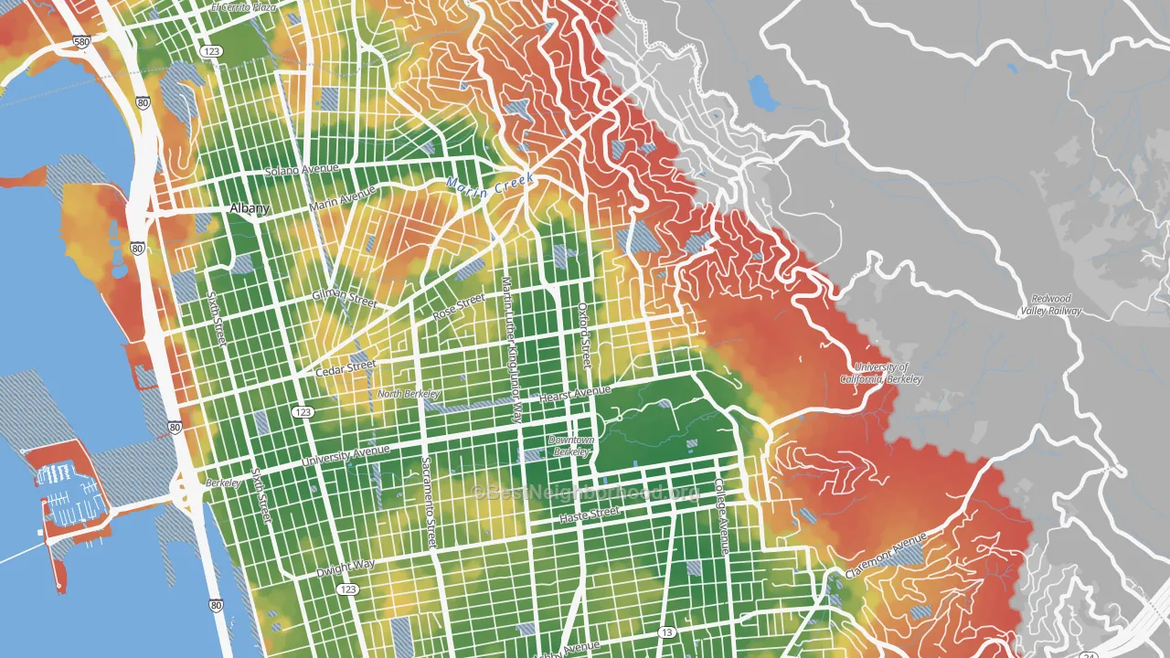 Walk Grade map of North Berkeley, Berkeley, CA, walkable areas in green and car-dependent areas in red
