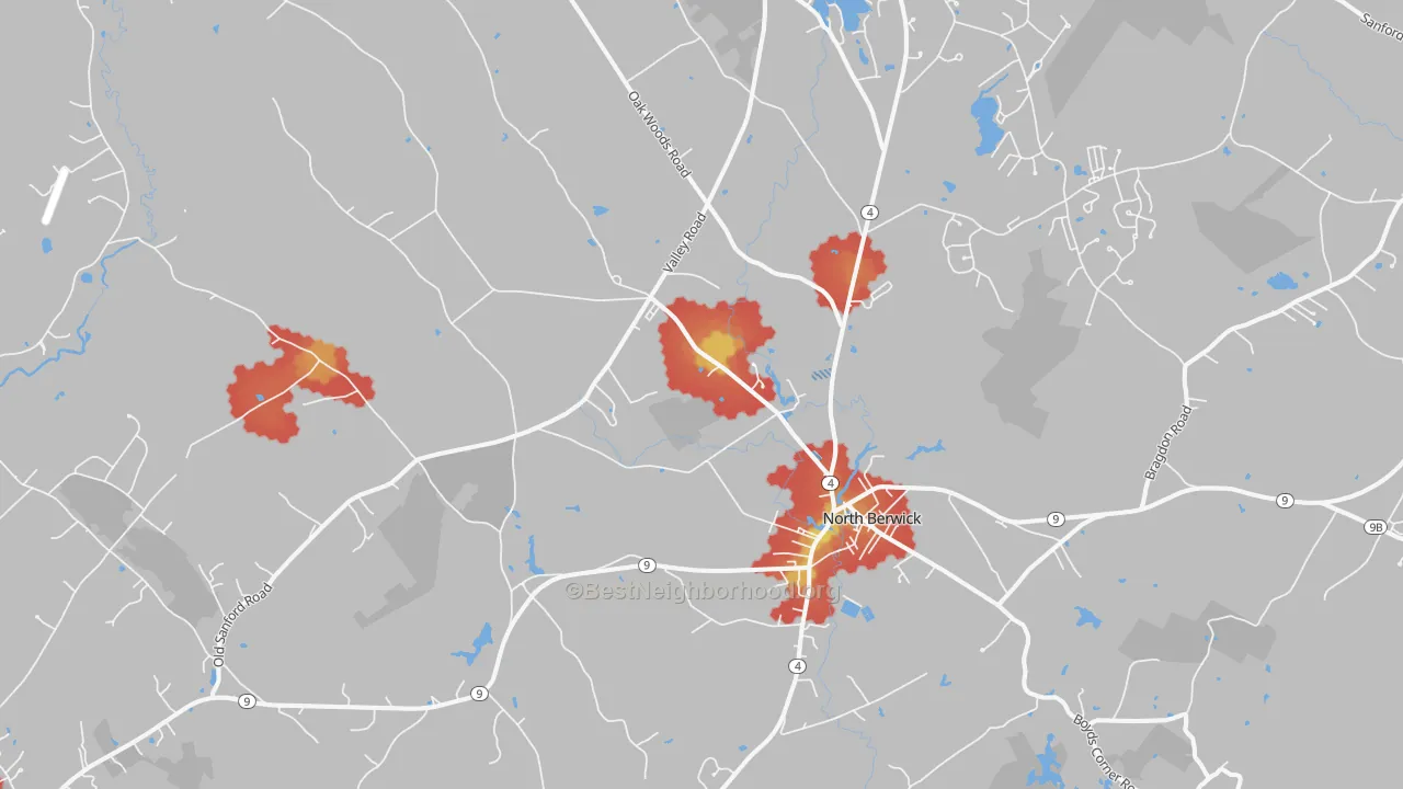 Walk Grade map of North Berwick, ME, walkable areas in green and car-dependent areas in red