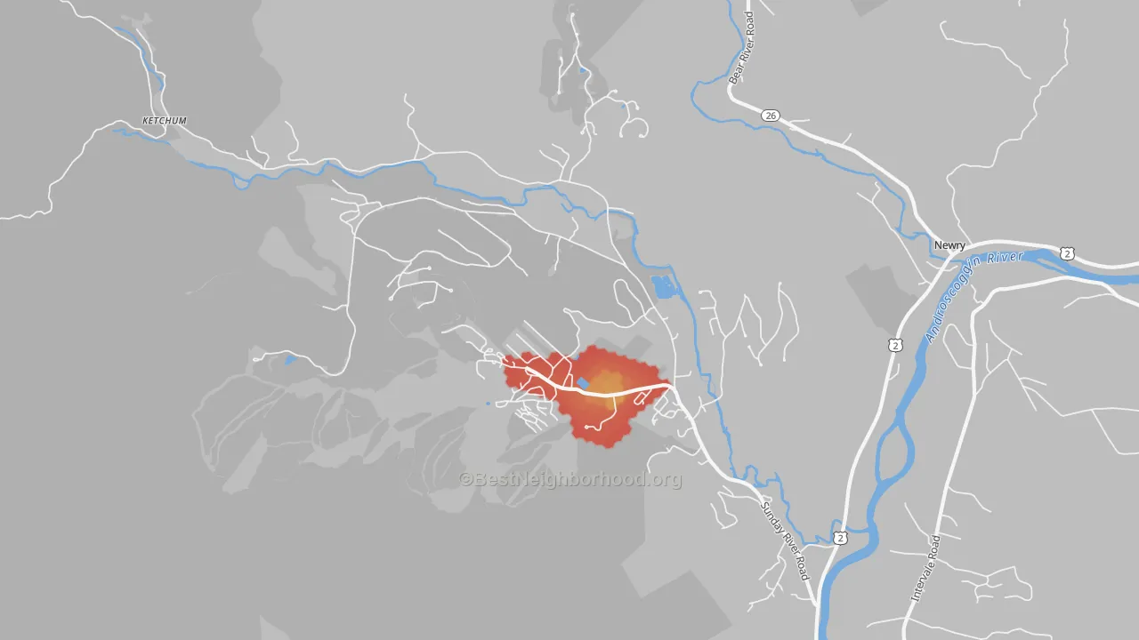 Walk Grade map of North Bethel, ME, walkable areas in green and car-dependent areas in red