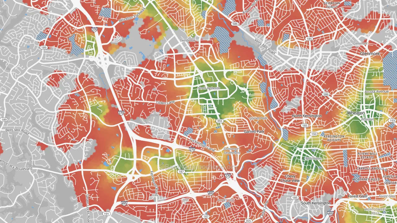 Walk Grade map of North Bethesda, MD, walkable areas in green and car-dependent areas in red