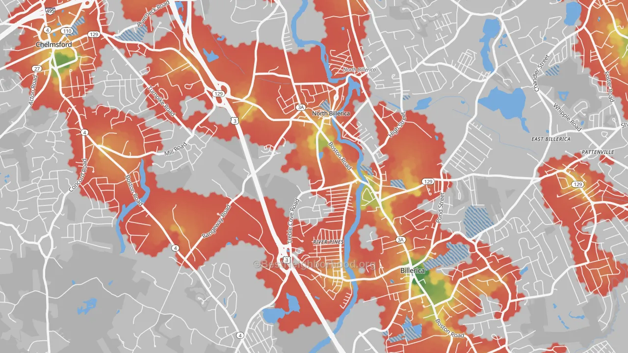 Walk Grade map of North Billerica, MA, walkable areas in green and car-dependent areas in red