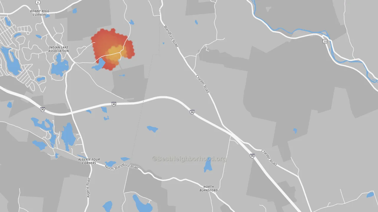 Walk Grade map of North Blandford, MA, walkable areas in green and car-dependent areas in red