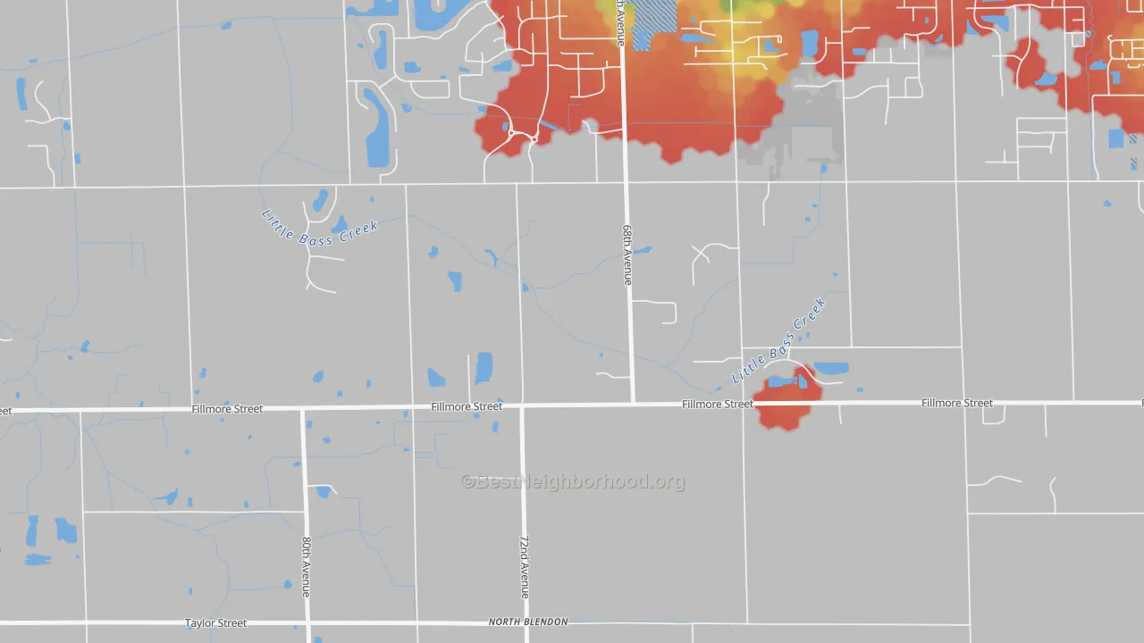 Walk Grade map of North Blendon, MI, walkable areas in green and car-dependent areas in red