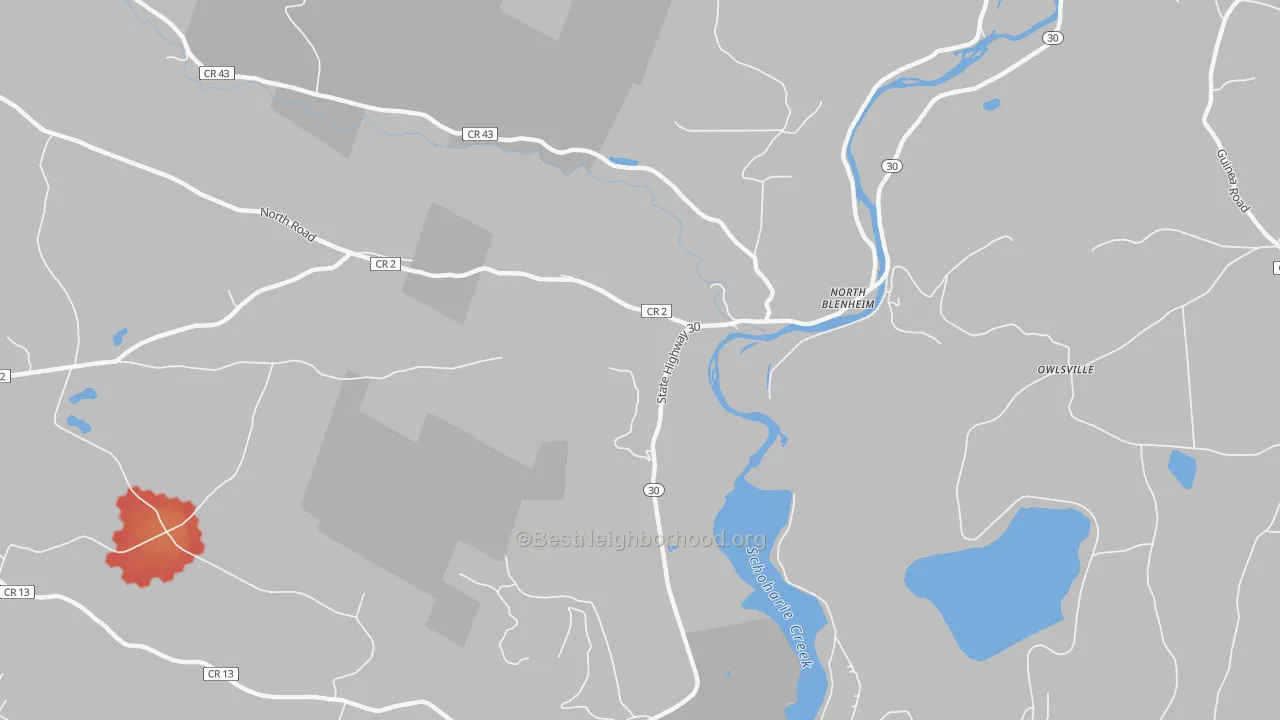 Walk Grade map of North Blenheim, NY, walkable areas in green and car-dependent areas in red