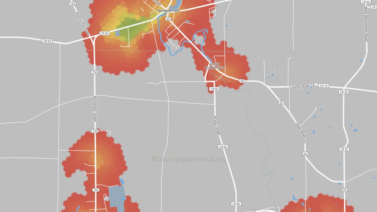 Walk Grade map of North Bloomfield, NY, walkable areas in green and car-dependent areas in red