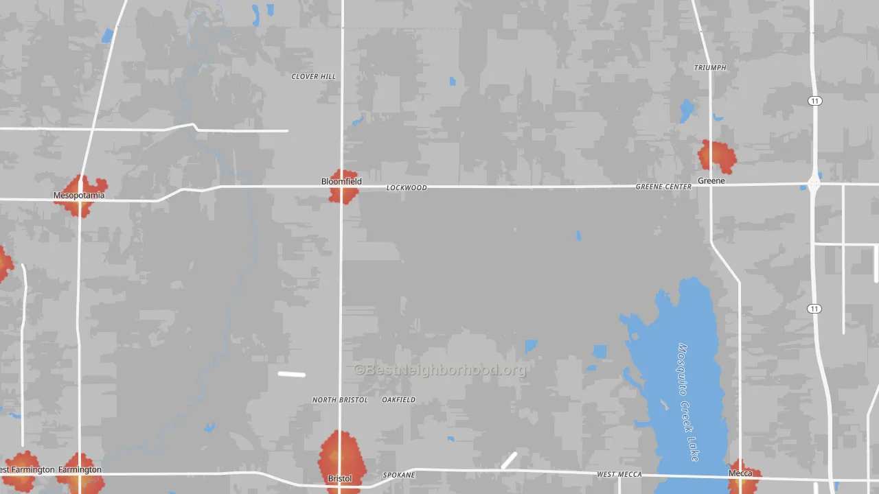 Walk Grade map of North Bloomfield, OH, walkable areas in green and car-dependent areas in red