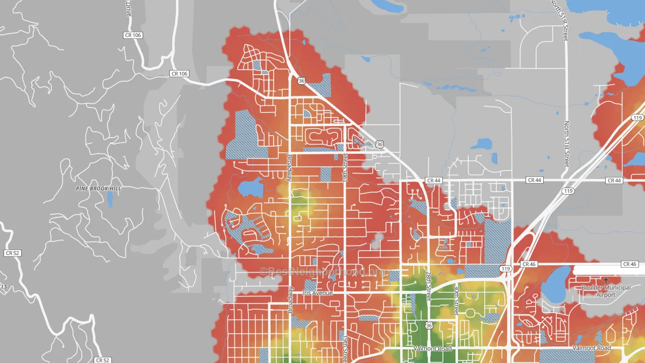 Walk Grade map of North Boulder, Boulder, CO, walkable areas in green and car-dependent areas in red