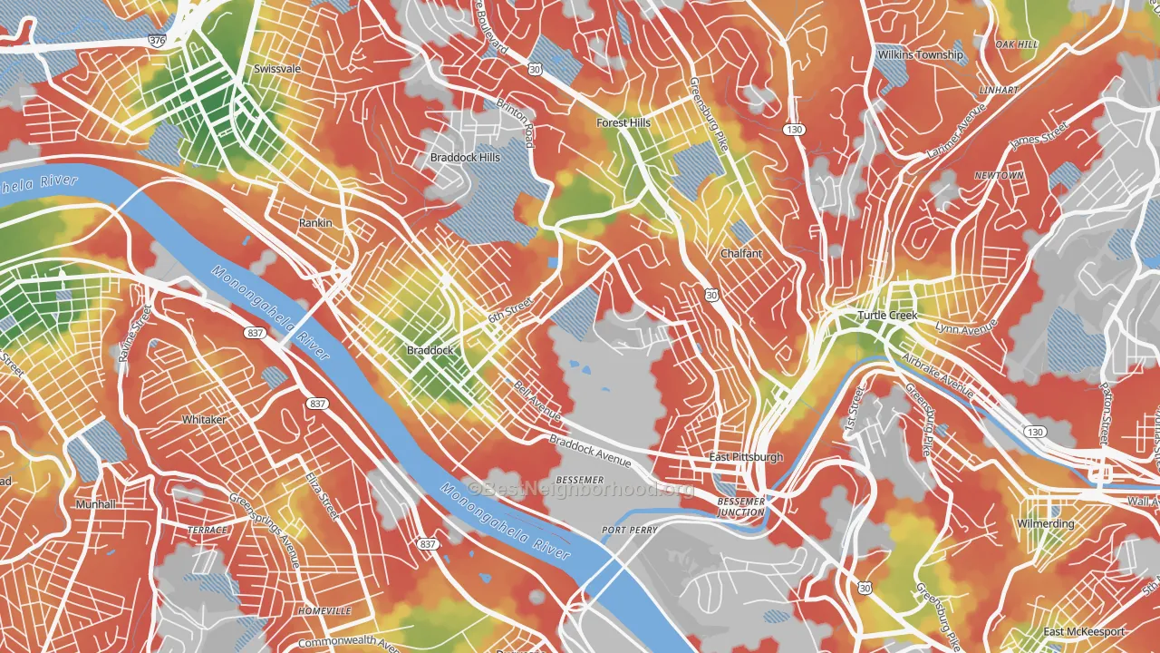 Walk Grade map of North Braddock, PA, walkable areas in green and car-dependent areas in red