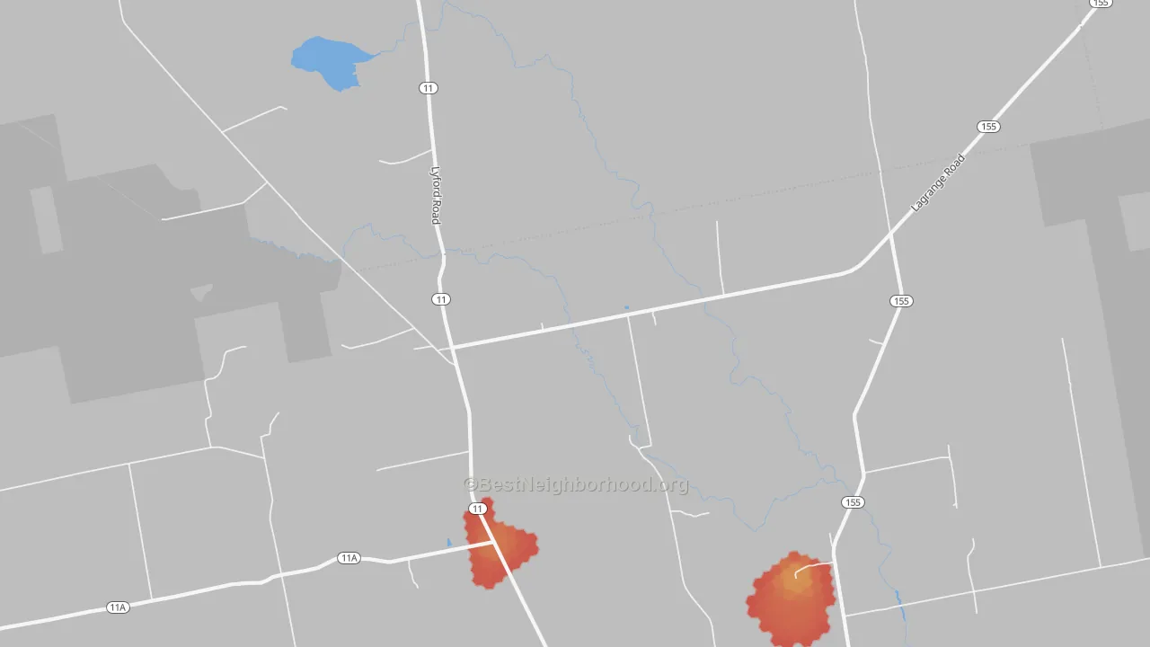 Walk Grade map of North Bradford, ME, walkable areas in green and car-dependent areas in red