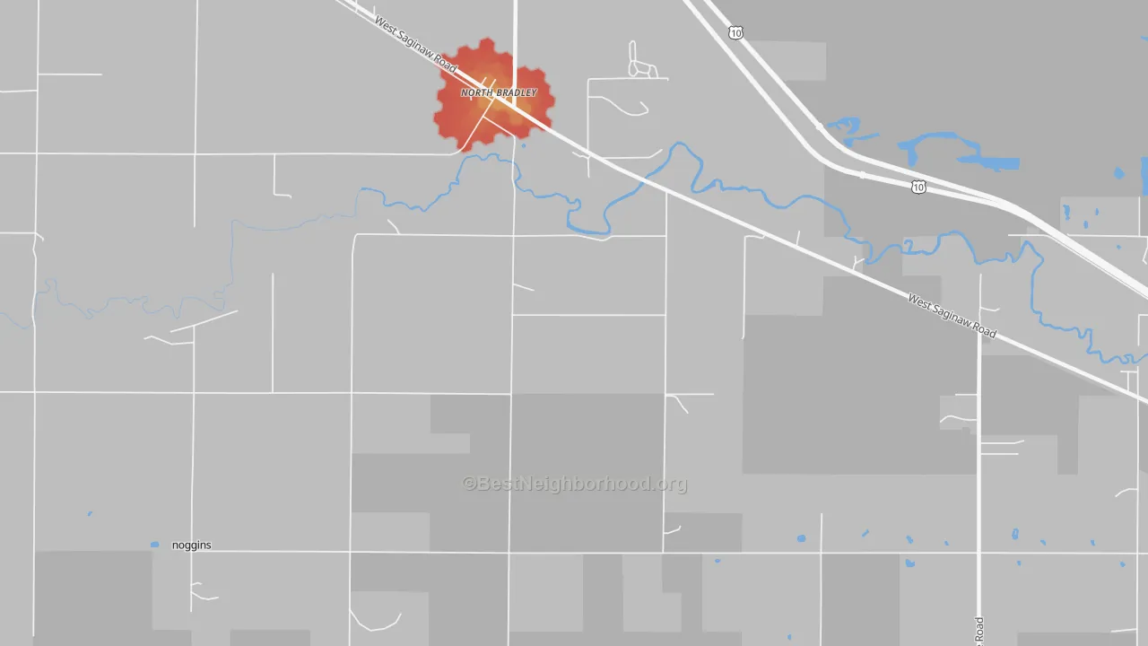 Walk Grade map of North Bradley, MI, walkable areas in green and car-dependent areas in red