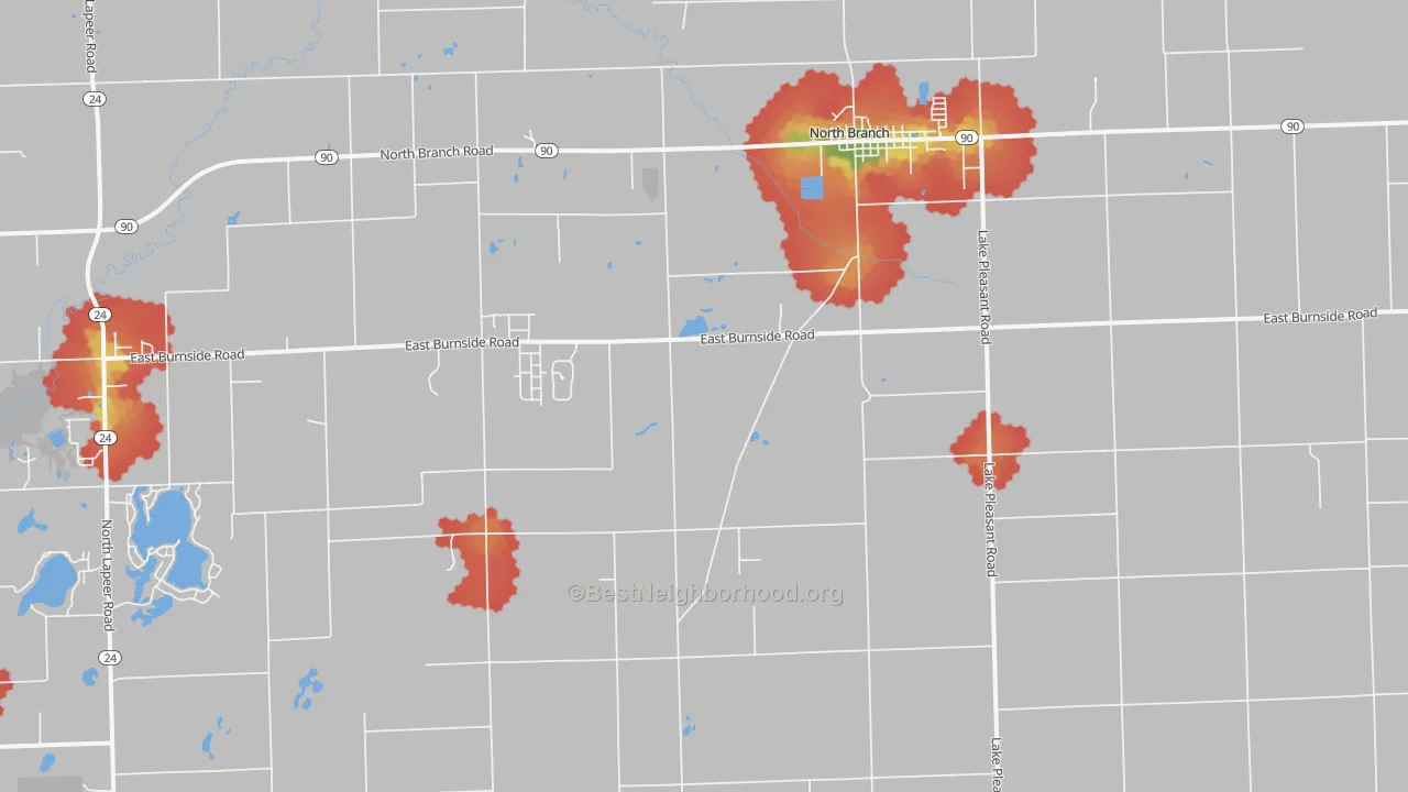 Walk Grade map of North Branch, MI, walkable areas in green and car-dependent areas in red