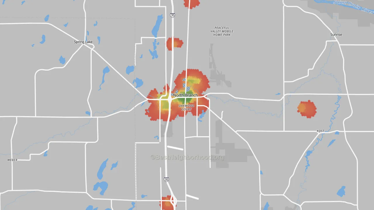Walk Grade map of North Branch, MN, walkable areas in green and car-dependent areas in red