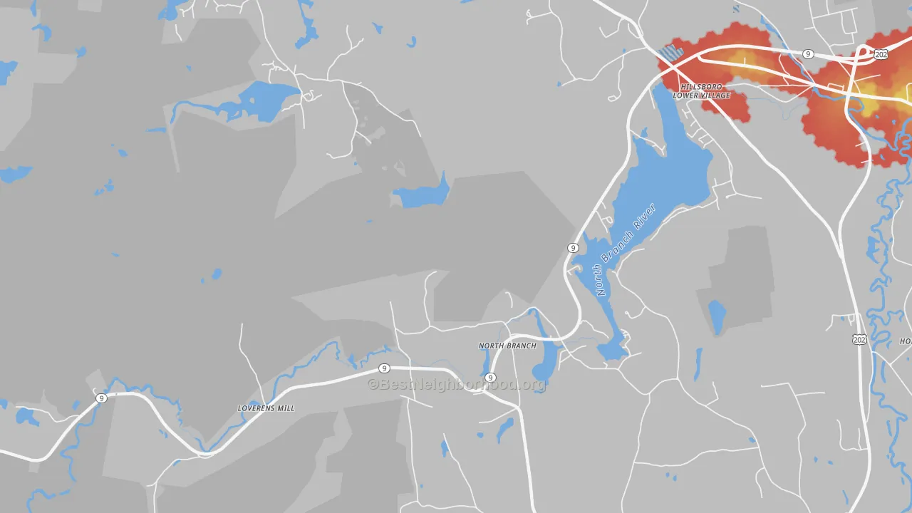 Walk Grade map of North Branch, NH, walkable areas in green and car-dependent areas in red