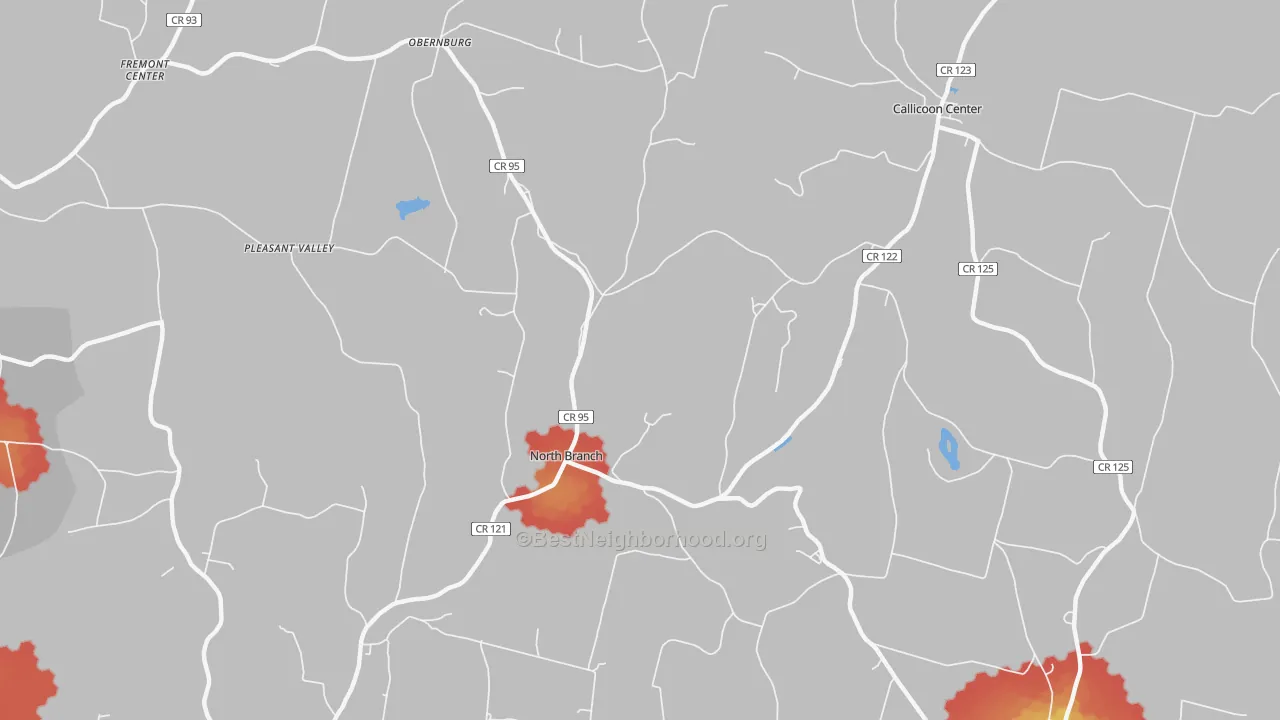 Walk Grade map of North Branch, NY, walkable areas in green and car-dependent areas in red
