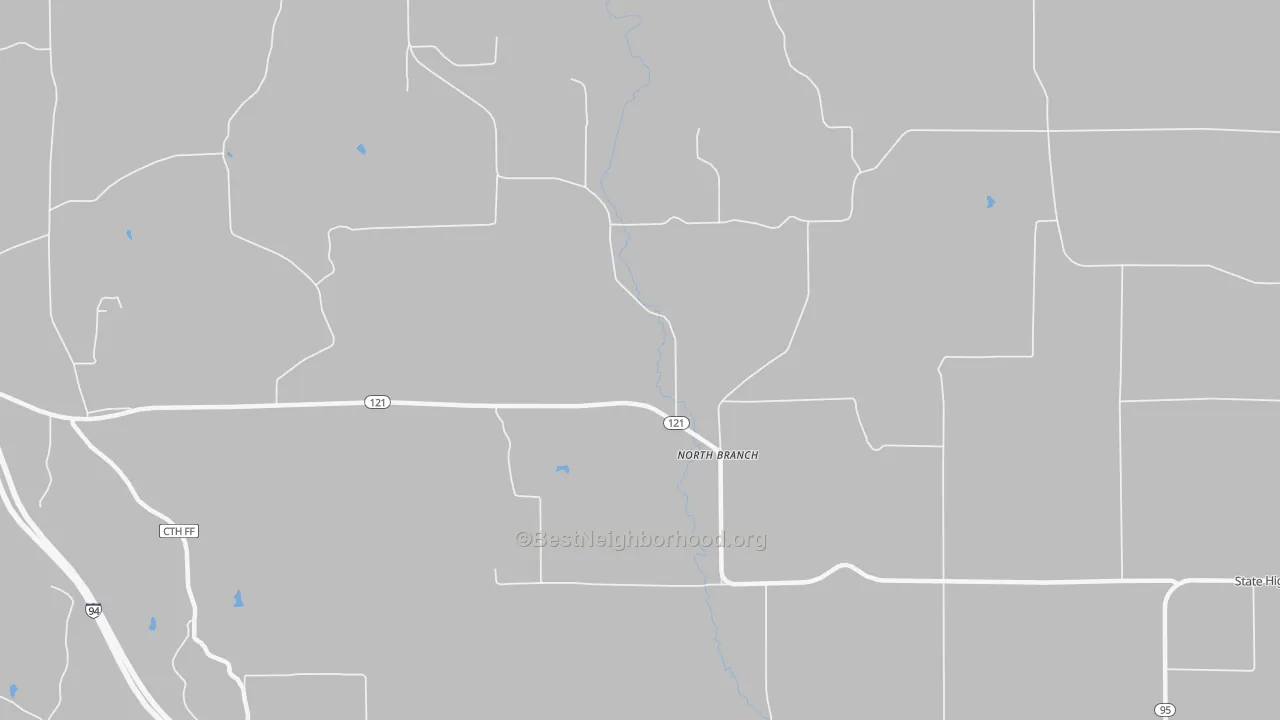Walk Grade map of North Branch, WI, walkable areas in green and car-dependent areas in red