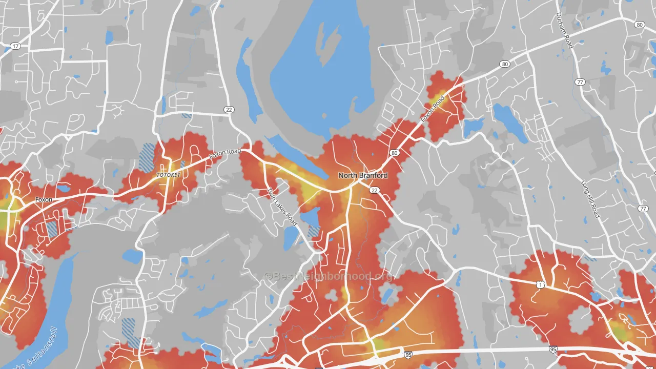 Walk Grade map of North Branford, CT, walkable areas in green and car-dependent areas in red