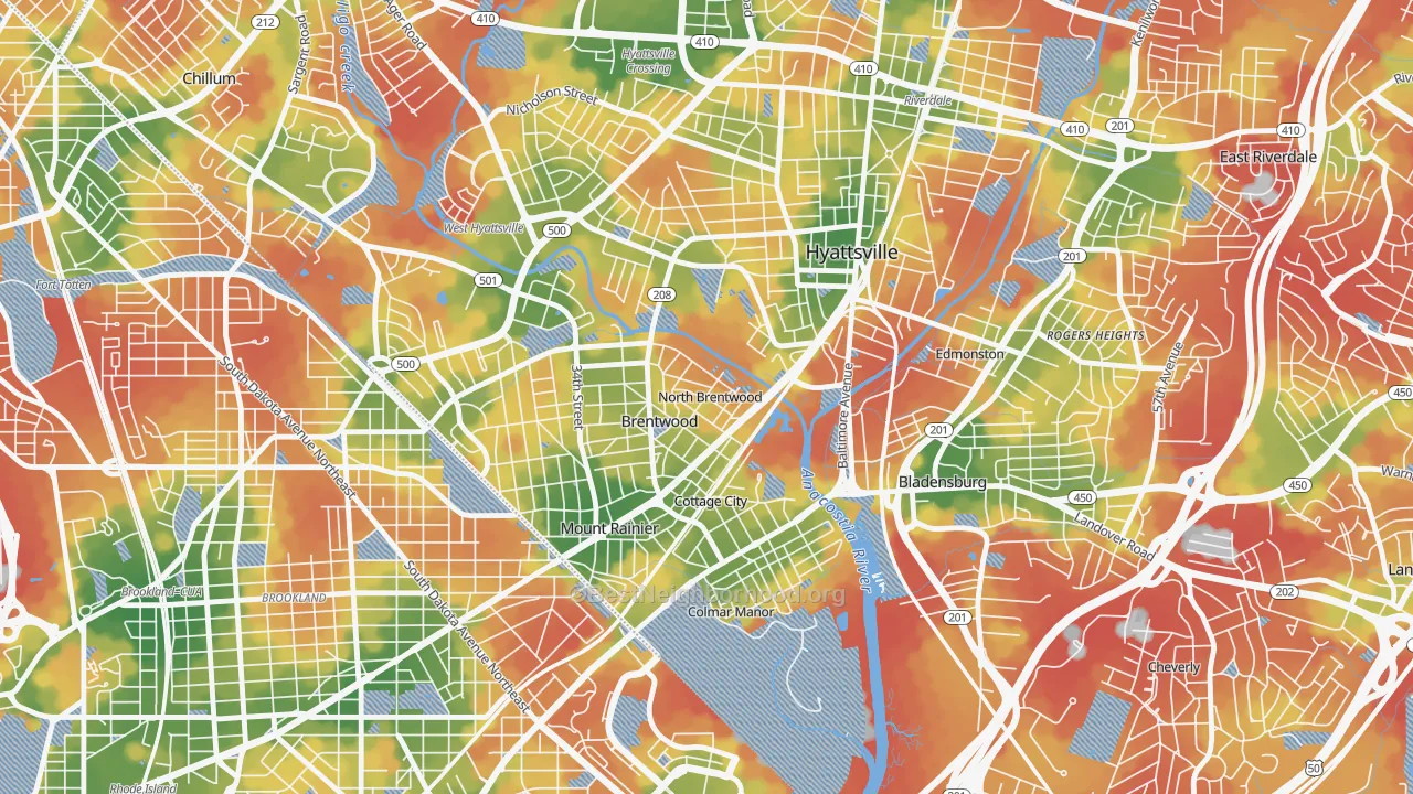 Walk Grade map of North Brentwood, MD, walkable areas in green and car-dependent areas in red
