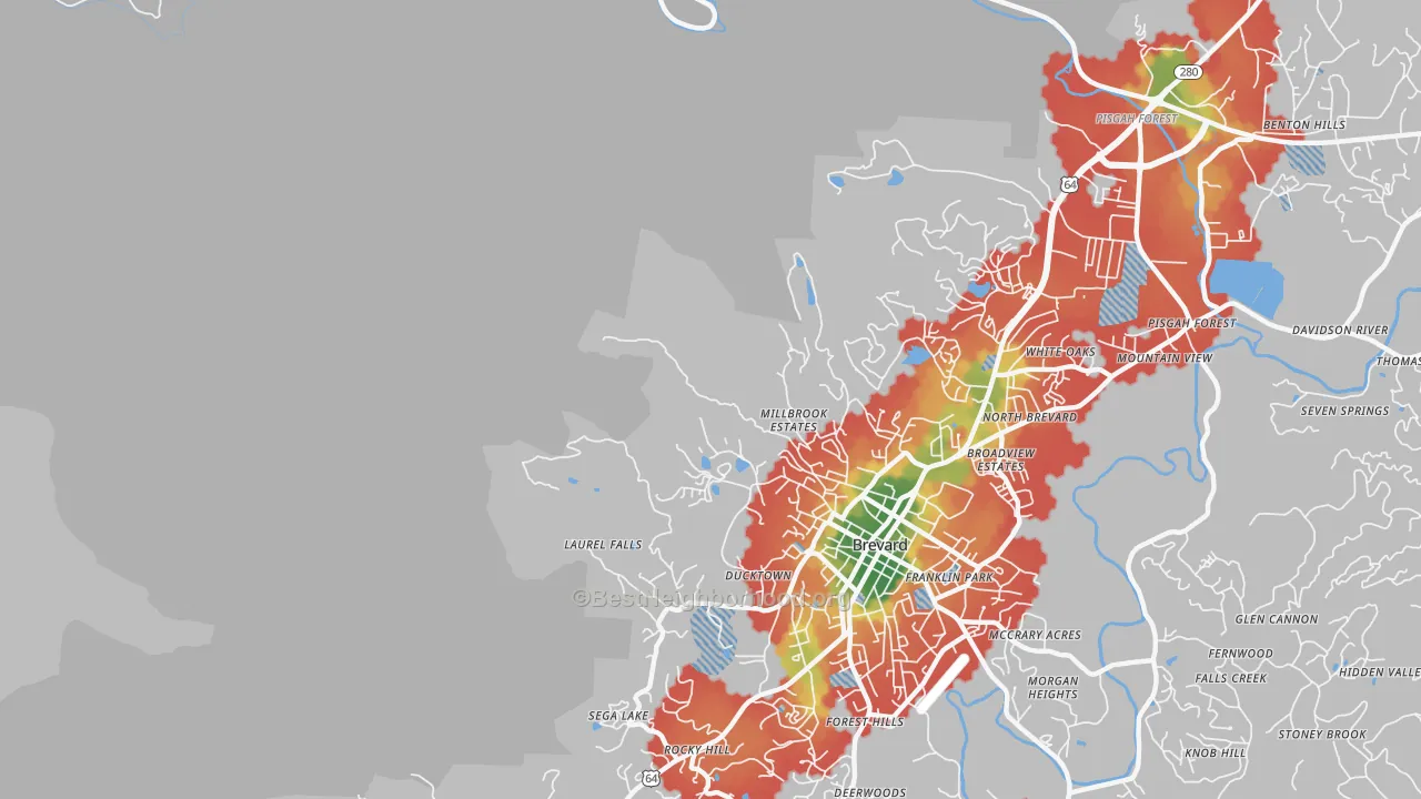 Walk Grade map of North Brevard, NC, walkable areas in green and car-dependent areas in red