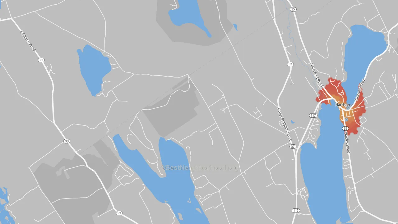 Walk Grade map of North Bridgton, ME, walkable areas in green and car-dependent areas in red