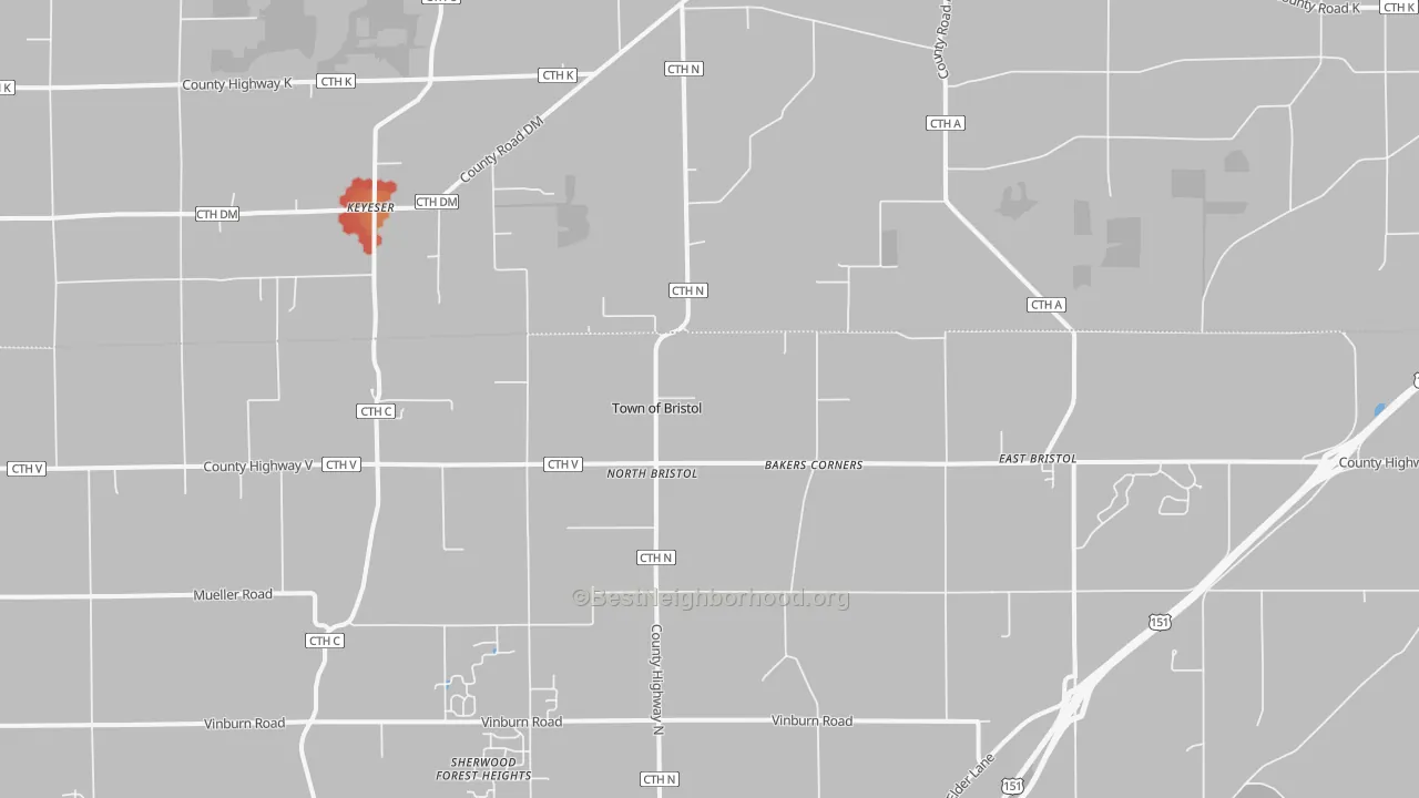 Walk Grade map of North Bristol, WI, walkable areas in green and car-dependent areas in red