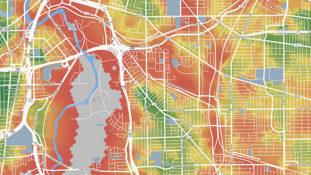 Walk Grade map of North Broadway, Cleveland, OH, walkable areas in green and car-dependent areas in red