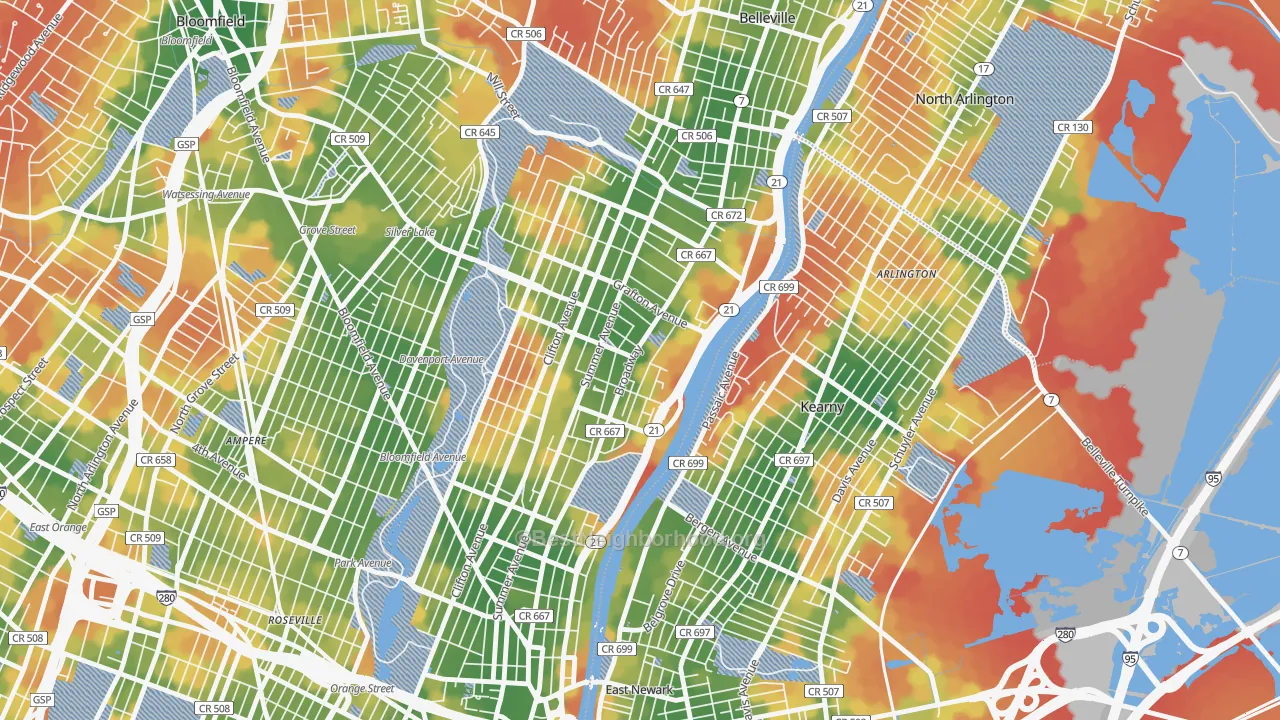 Walk Grade map of North Broadway, Newark, NJ, walkable areas in green and car-dependent areas in red