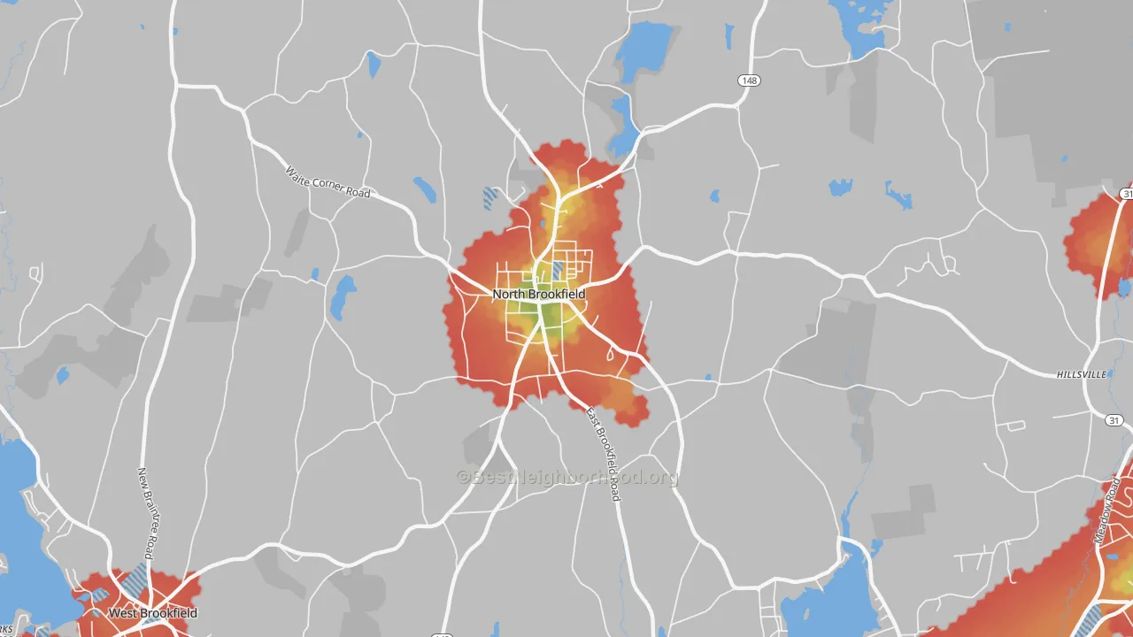 Walk Grade map of North Brookfield, MA, walkable areas in green and car-dependent areas in red