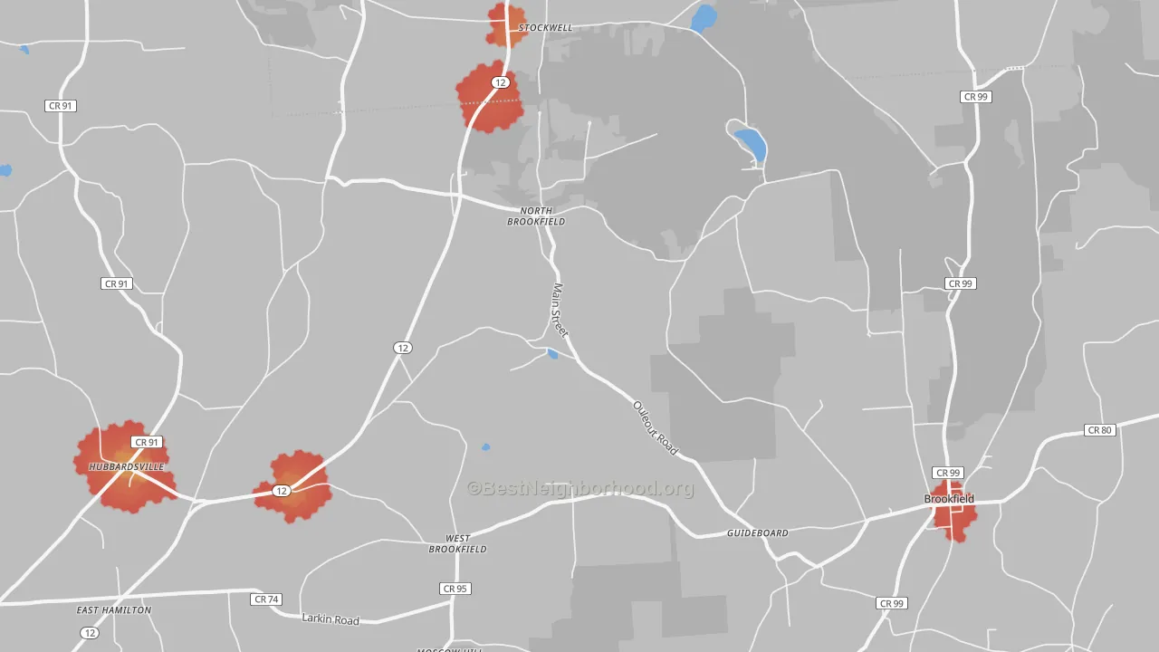 Walk Grade map of North Brookfield, NY, walkable areas in green and car-dependent areas in red