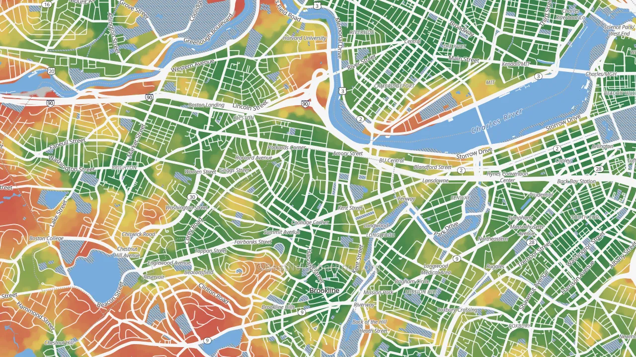 Walk Grade map of North Brookline, Brookline, MA, walkable areas in green and car-dependent areas in red