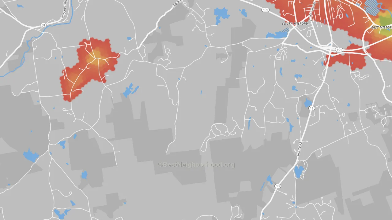 Walk Grade map of North Brookline, NH, walkable areas in green and car-dependent areas in red