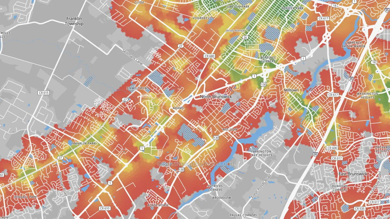 Walk Grade map of North Brunswick, NJ, walkable areas in green and car-dependent areas in red