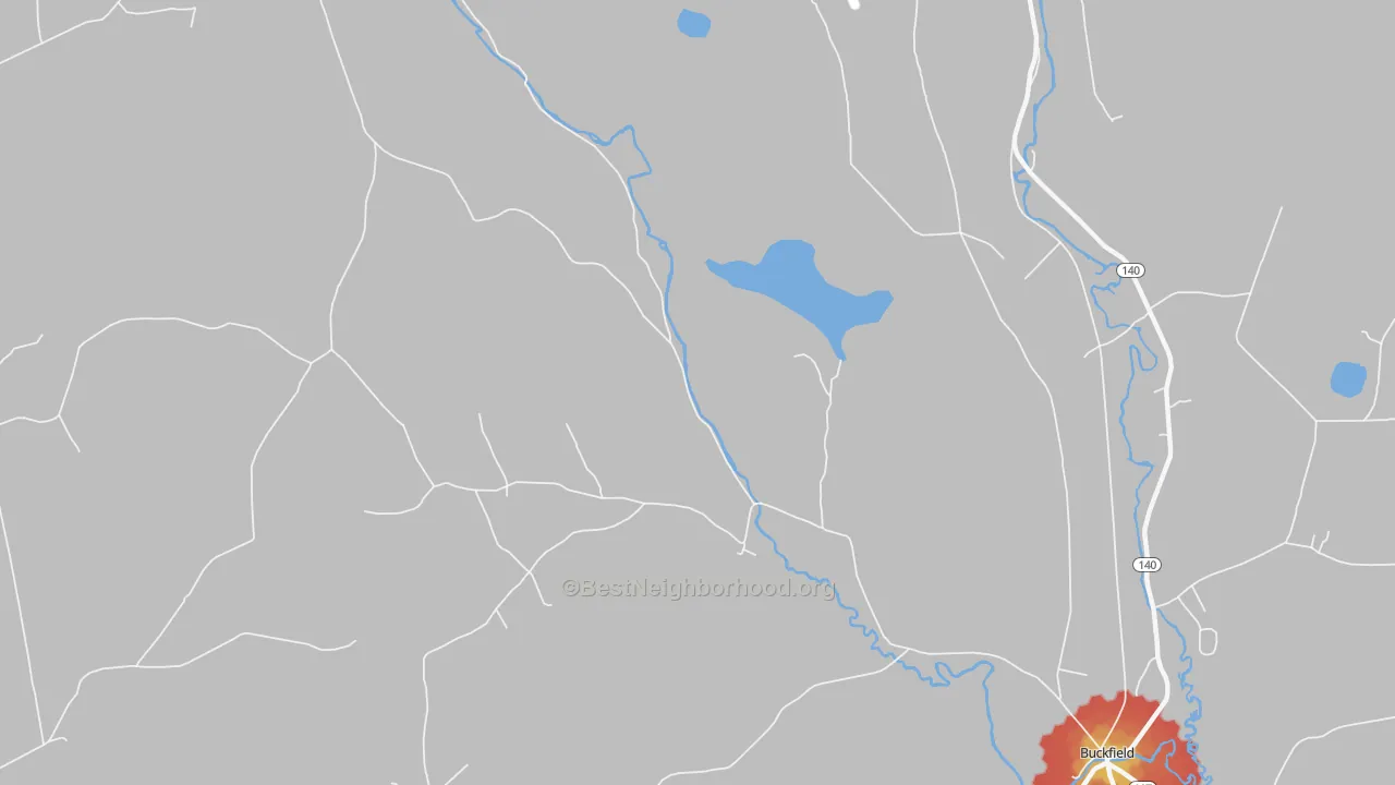 Walk Grade map of North Buckfield, ME, walkable areas in green and car-dependent areas in red