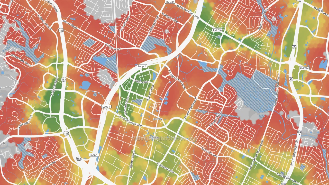 Walk Grade map of North Burnet, Austin, TX, walkable areas in green and car-dependent areas in red