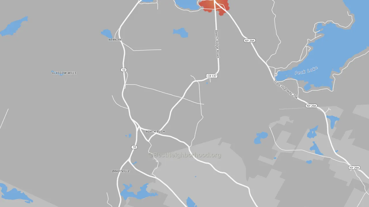 Walk Grade map of North Bush, NY, walkable areas in green and car-dependent areas in red
