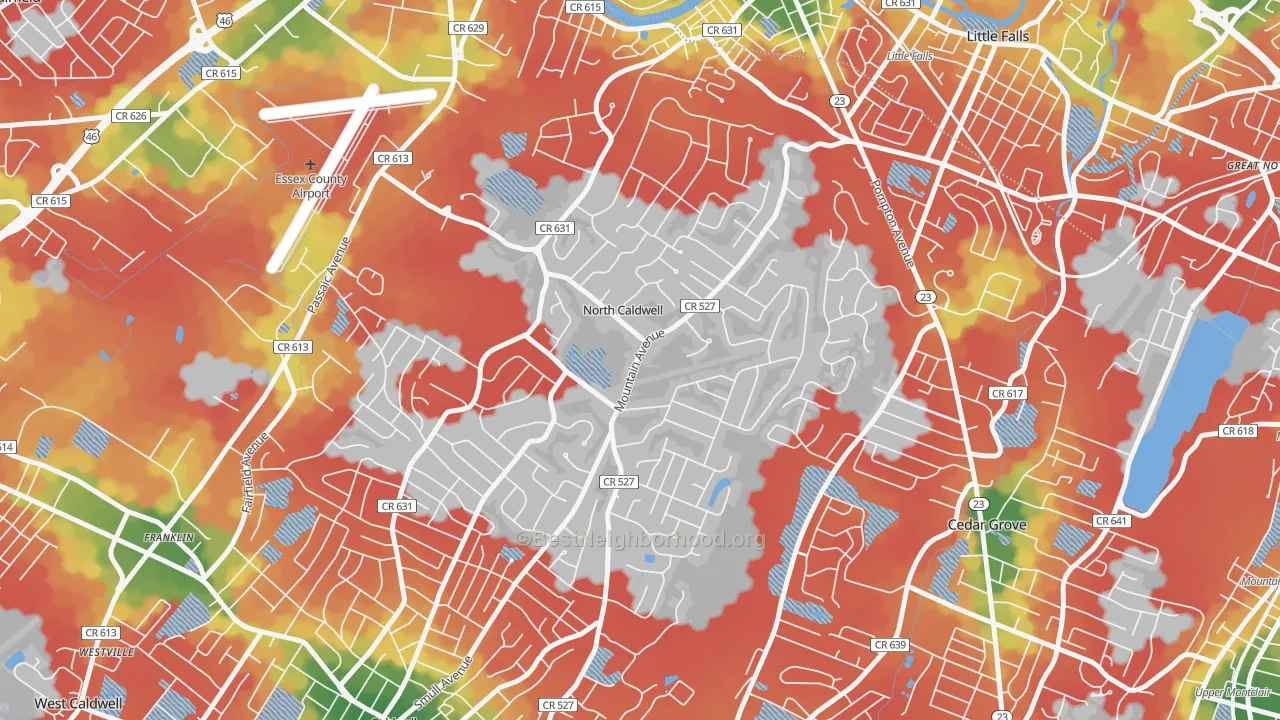 Walk Grade map of North Caldwell, NJ, walkable areas in green and car-dependent areas in red