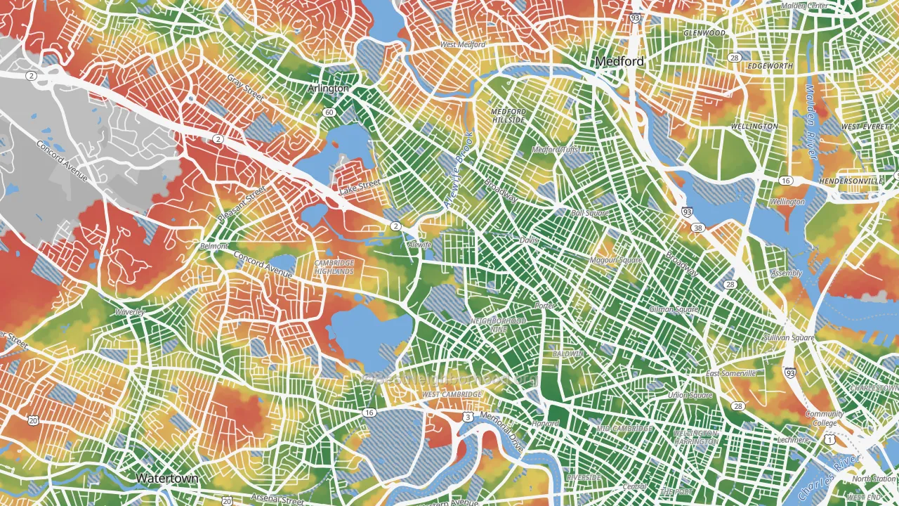 Walk Grade map of North Cambridge, Cambridge, MA, walkable areas in green and car-dependent areas in red