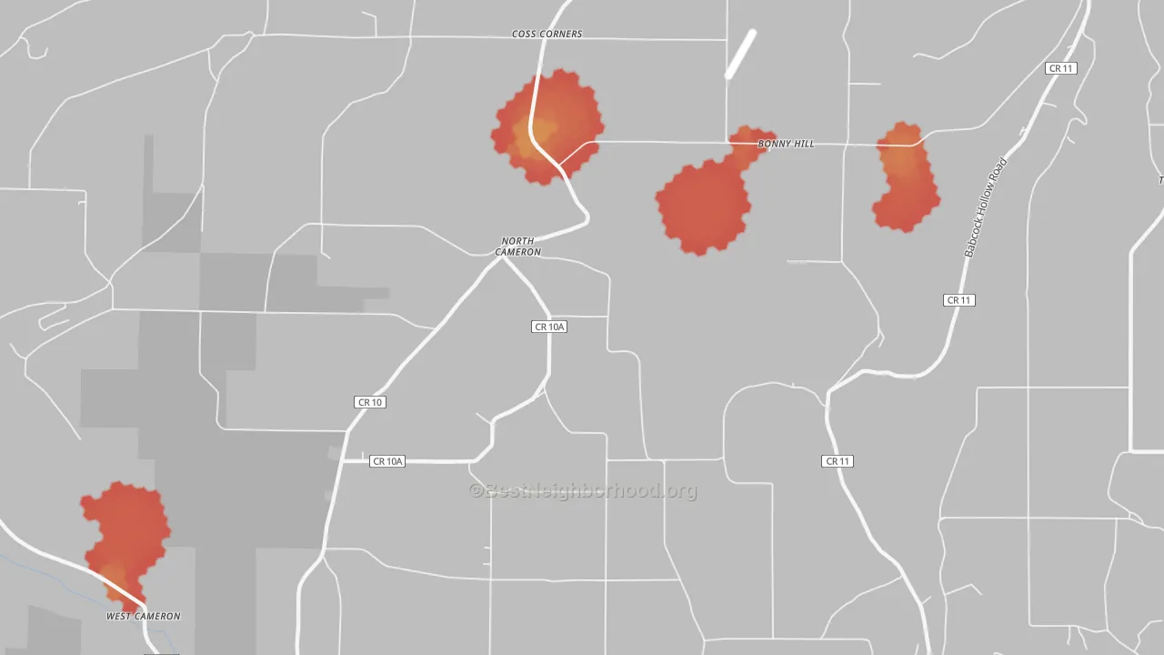 Walk Grade map of North Cameron, NY, walkable areas in green and car-dependent areas in red