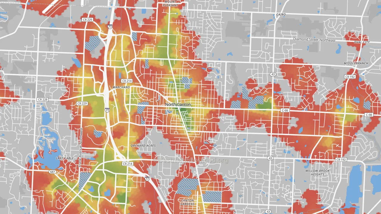 Walk Grade map of North Canton, OH, walkable areas in green and car-dependent areas in red