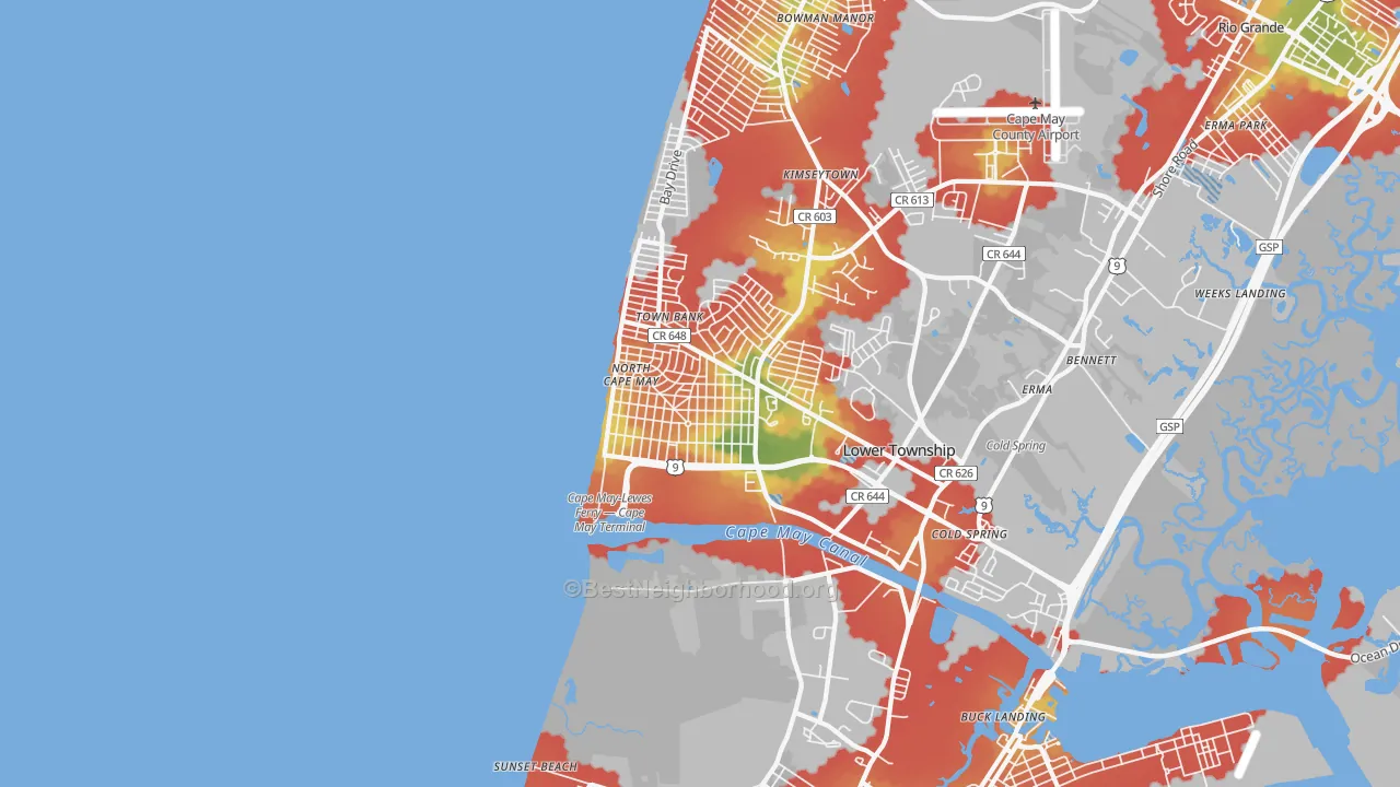 Walk Grade map of North Cape May, NJ, walkable areas in green and car-dependent areas in red