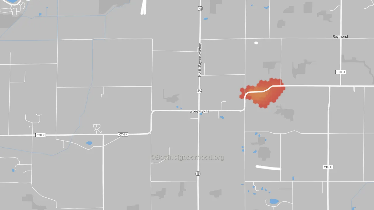 Walk Grade map of North Cape, WI, walkable areas in green and car-dependent areas in red